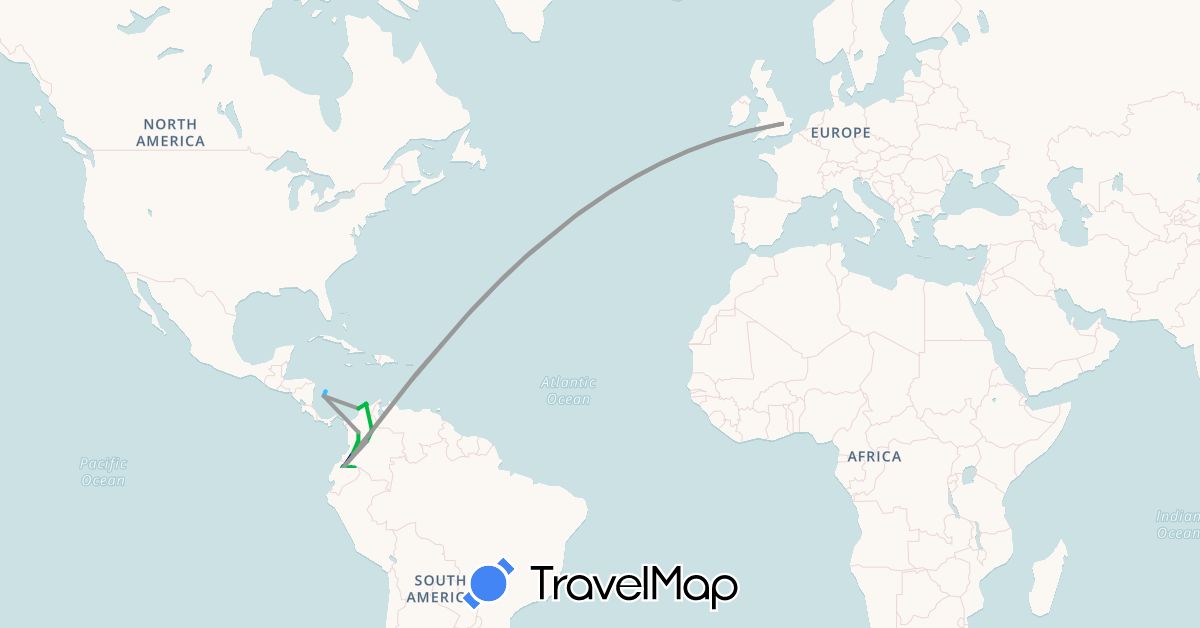TravelMap itinerary: driving, bus, plane, hiking, boat, motorbike in Austria, Colombia, Ecuador, Netherlands, Peru (Europe, South America)